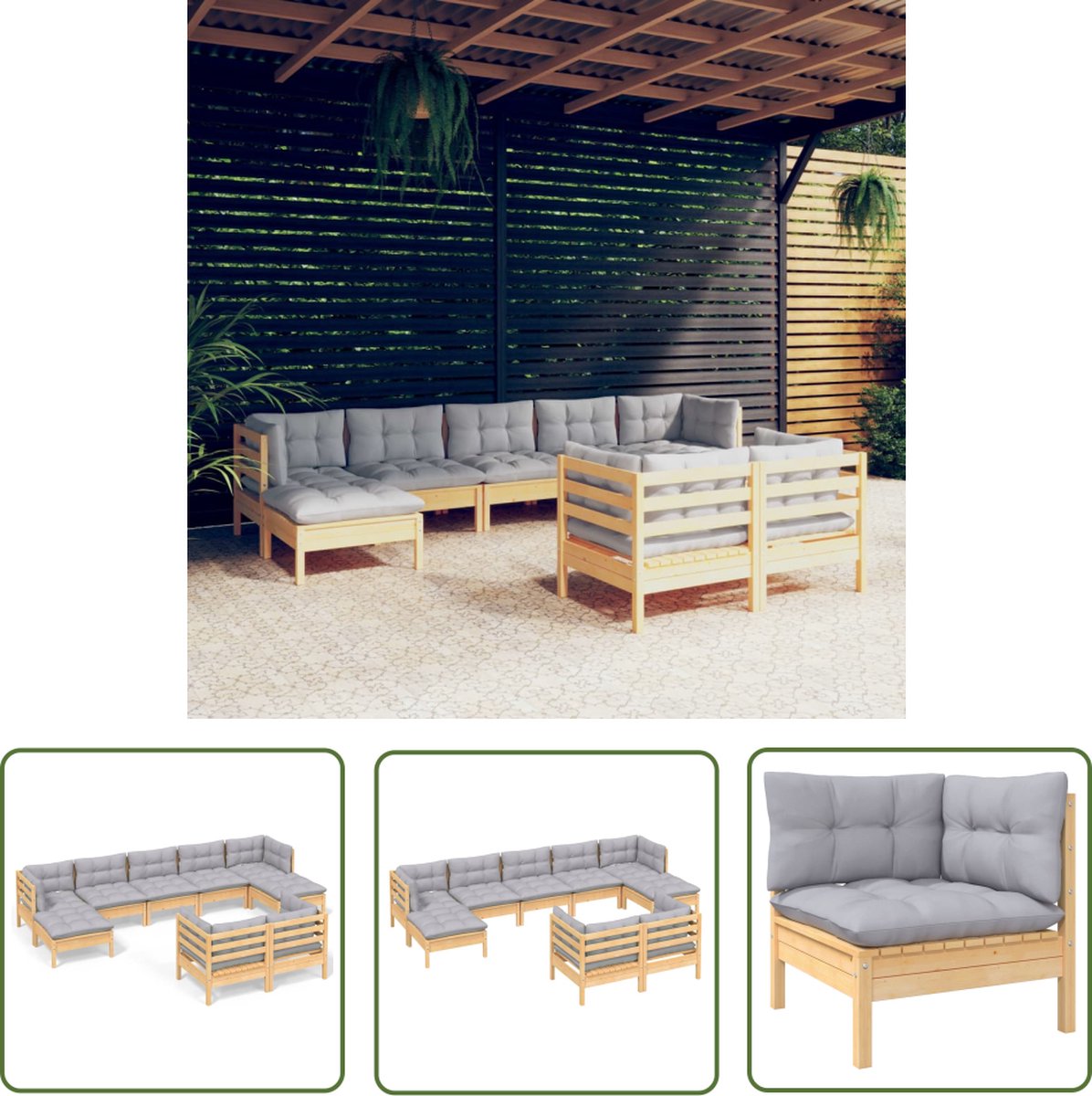 The Living Store 9-delige Loungeset met grijze kussens massief grenenhout - Loungeset - Tuinset - Lounge Set - Houten Loungestoel - Tuinmeubel