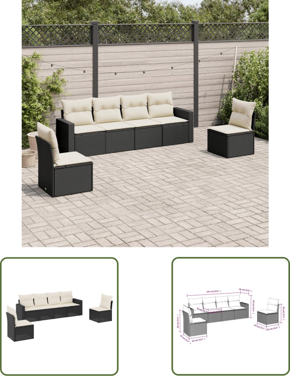 The Living Store 6-delige Loungeset met kussens poly rattan zwart - Loungebank - Lounge Set - Tuinset - Buitendecoratie - Outdoor Furniture