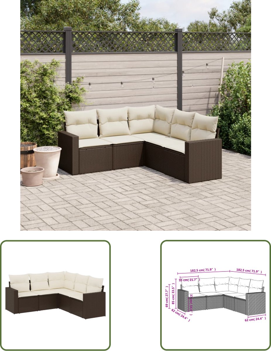 The Living Store 5-delige Loungeset met kussens poly rattan bruin - Lounge Set - Tuinset - Buitendecoratie - PE-rattan - Lounge Bank