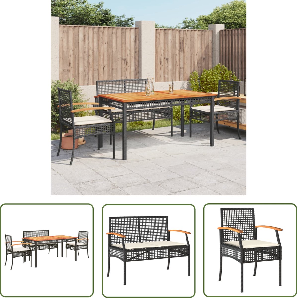 Zwarte poly rattan tuinset met kussens en acaciahouten details.