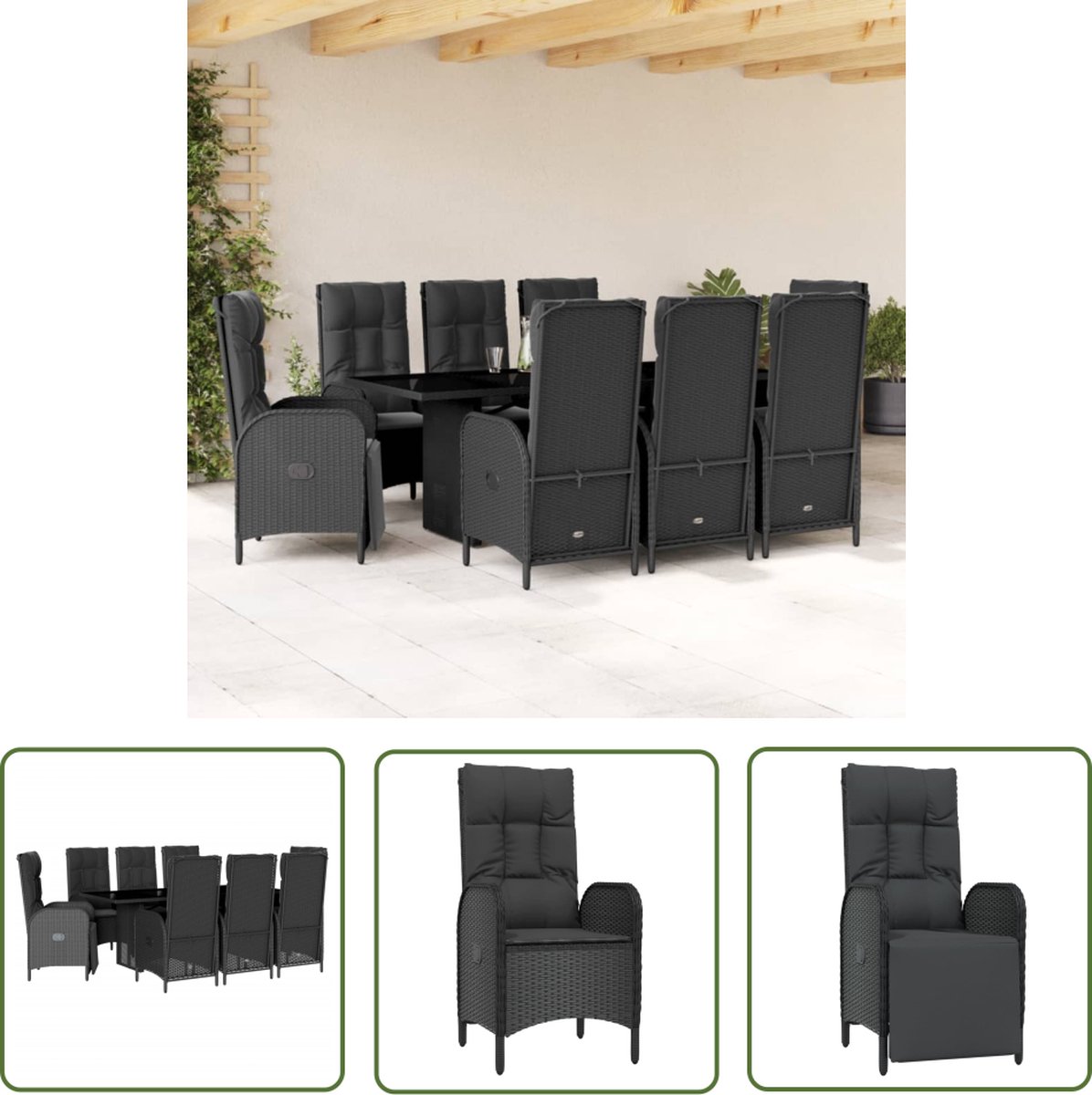 The Living Store 9-delige Tuinset poly rattan zwart - Tuinset - Buitendecoratie - Lounge Set - Eetkamerset - Garden Furniture