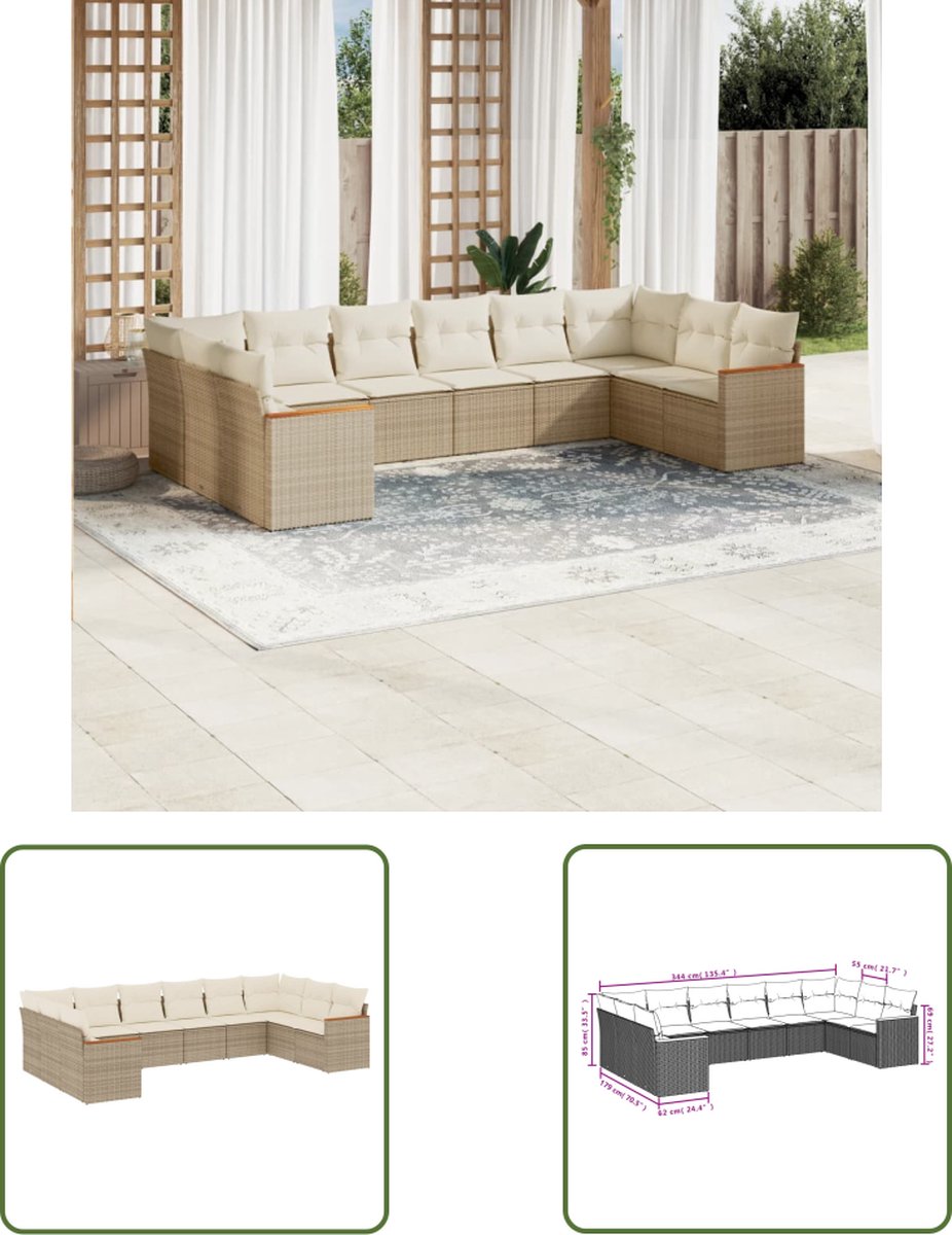 Poly rattan beige loungeset met kussens voor tuin of terras.
