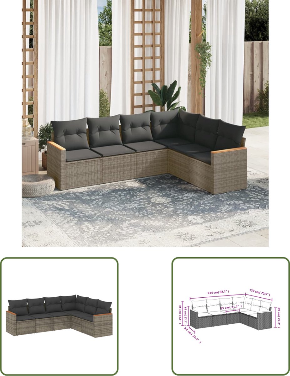The Living Store 6-delige Loungeset met kussens poly rattan grijs - Loungeset - Tuinset - Lounge Bank - Buitendecoratie - Outdoor Furniture