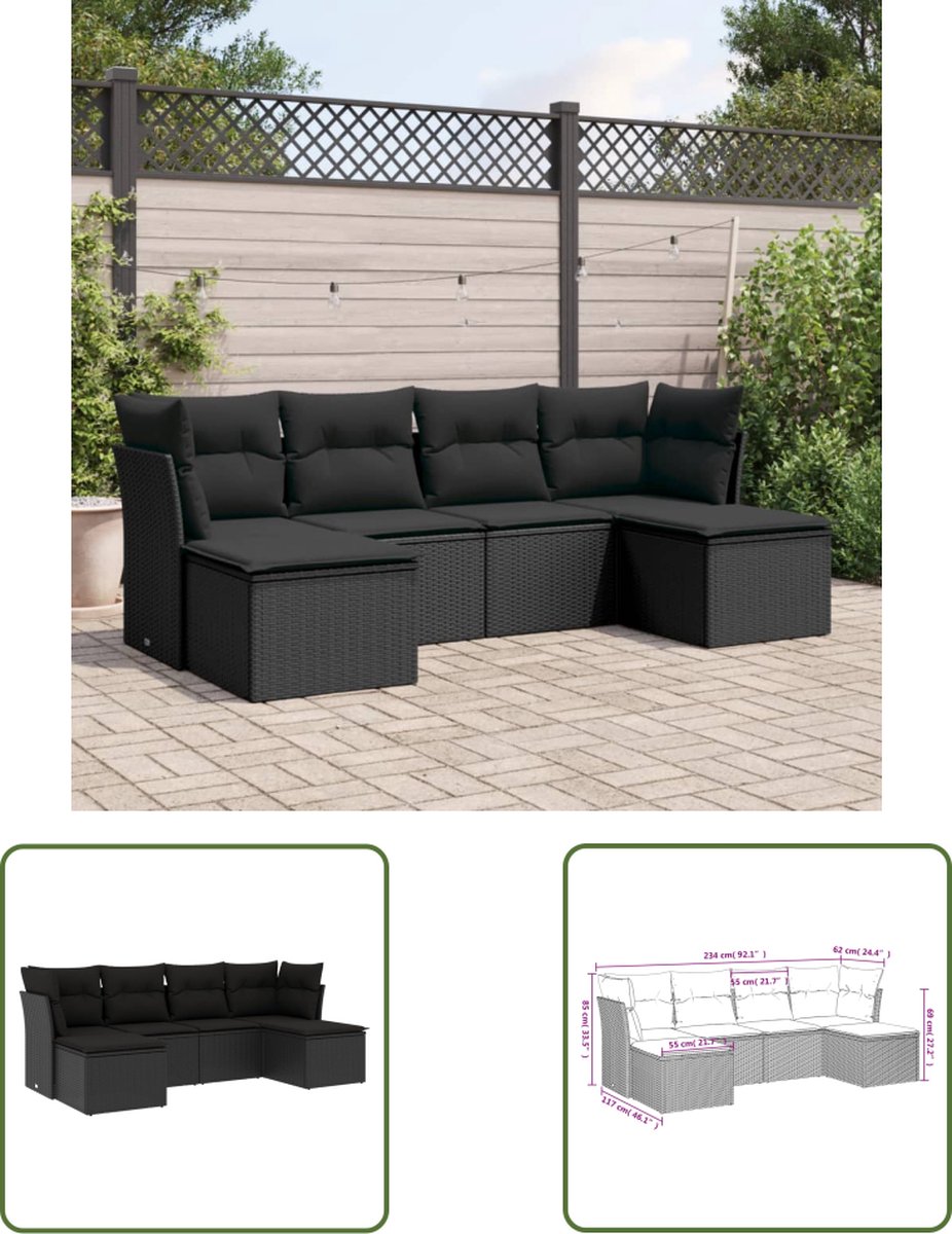 The Living Store 6-delige Loungeset met kussens poly rattan zwart - Loungeset - Tuinlounge - Lounge Set - Buitendecoratie - Outdoor Furniture