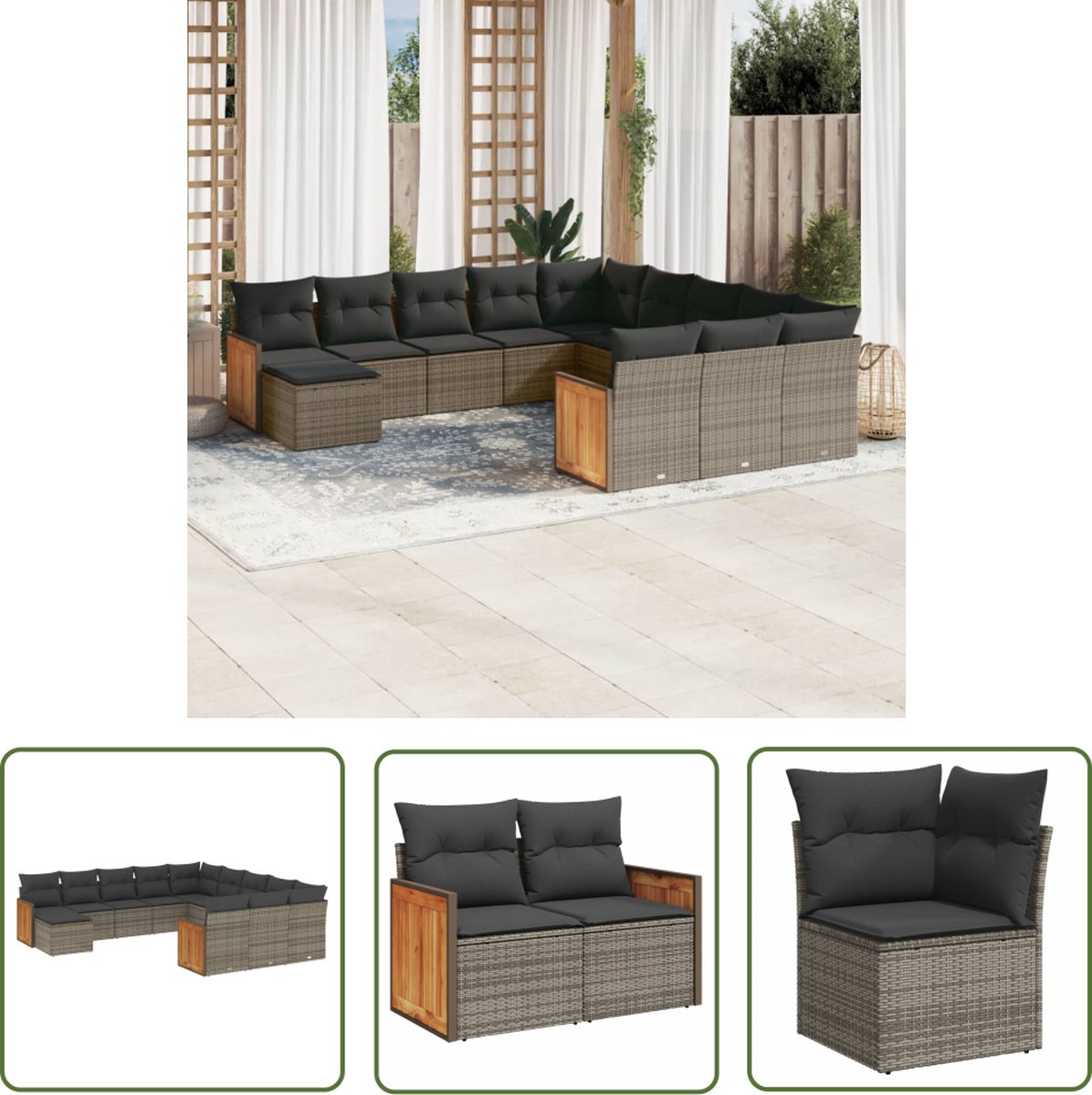 The Living Store 12-delige Loungeset met kussens poly rattan grijs - Loungeset - Lounge Set - Buitendiner - Tuinmeubels - Outdoor Furniture
