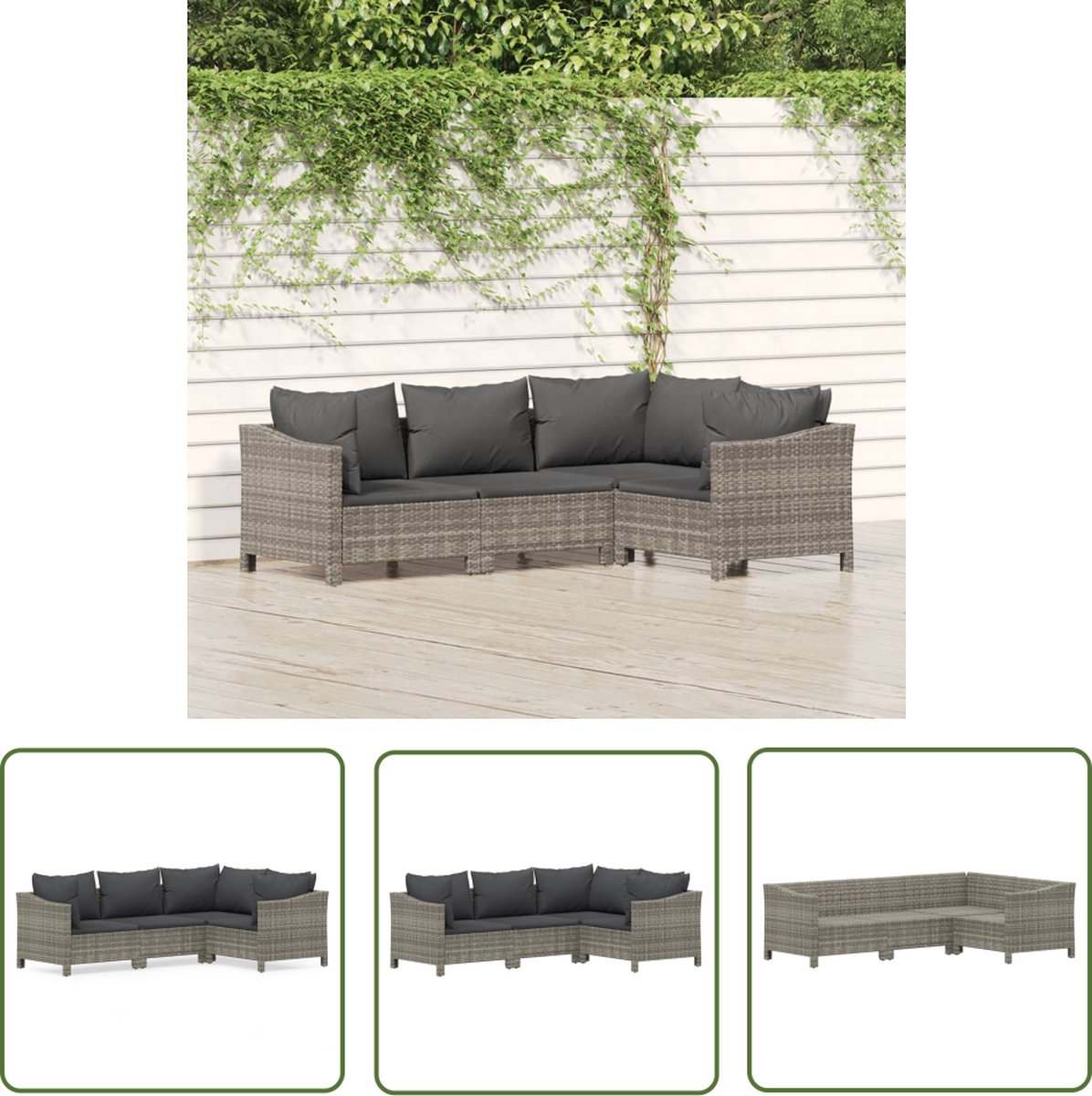 The Living Store 4-delige Loungeset met kussens poly rattan grijs - Loungeset - Tuinset - Lounge - Buitendrank - Patio Furniture