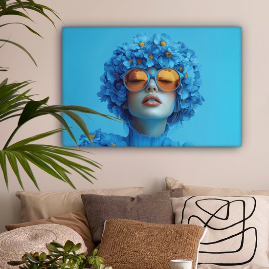 Canvas schilderij 90x60 cm - Wanddecoratie Vrouw - Bloem - Blauw - Modern - Bril - Portret - Muurdecoratie woonkamer - Slaapkamer decoratie - Kamer accessoires - Schilderijen op canvas