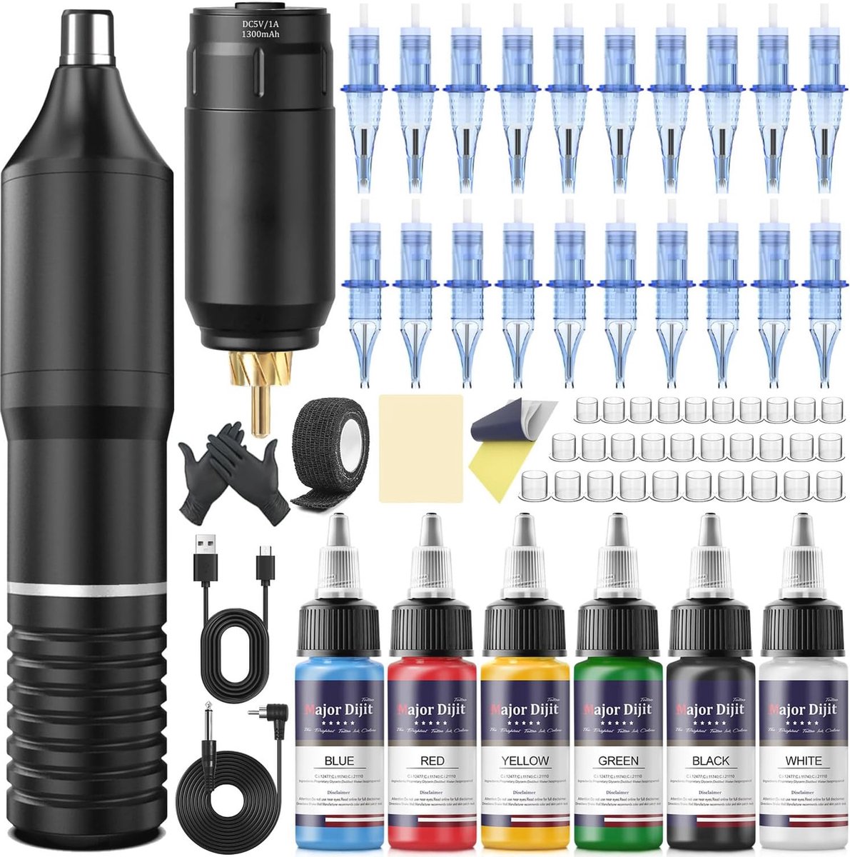 Draadloze Tatoeagemachine Set met 1300 mAh Accuvermogen, 6 Kleuren Tatoeageinkt, 20 Naalden en Oefenhuid