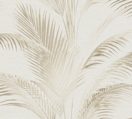 Crème beige bruin palmbladeren behang met een linnen textuur.