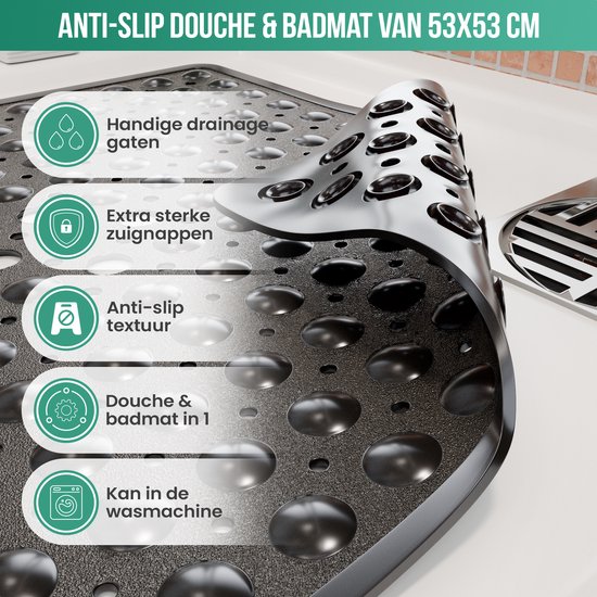 Gedetailleerde weergave van een zwarte antislip douche- en badmat, met drainagegaten en extra sterke zuignappen.