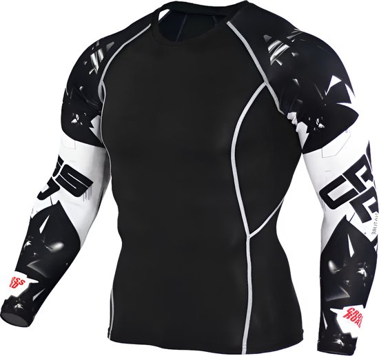 T-shirt de sport noir avec imprimé graphique noir et blanc sur les manches.