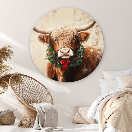WallCircle® Cercle mural 140x140 cm - Cercle mural de Noël - Highlander écossais - Marron - Couronne - Décoration murale murale salon - Décoration murale chambre - Accessoires de décoration de chambre - Tableaux ronds