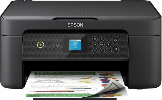 Zwarte Epson alles-in-één printer drukt een gekleurd document af. Het bedieningspaneel is zichtbaar.