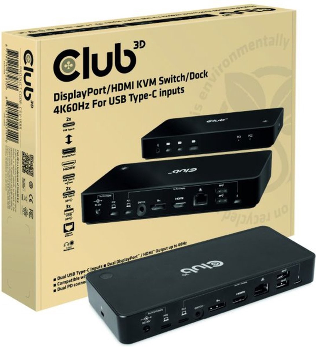 Club 3D DisplayPort/HDMI Dock 4K60Hz dockingstation met KVM-functionaliteit