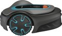 Robotmaaier in het grijs met turkooizen accenten en een groot wiel.