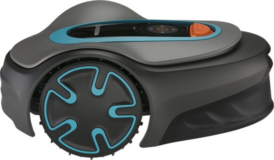 Robotmaaier in het grijs met turkooizen accenten en een groot wiel.