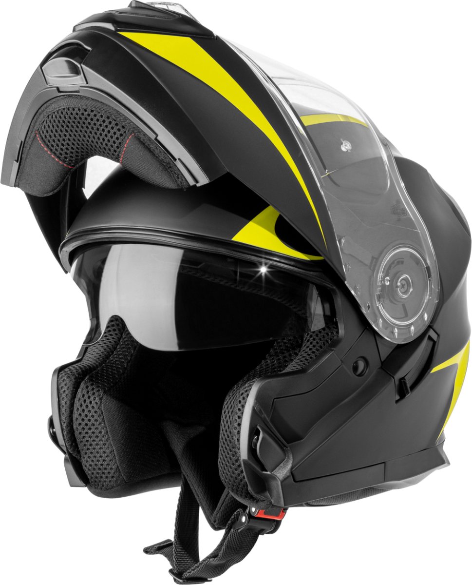 VINZ Busan Systeemhelm met Zonnevizier | Scooterhelm & Motorhelm & Brommerhelm | ECE 22.06 goedgekeurd | Lichtgewicht 1600 gram | Inclusief Opbergzak | Geel - S