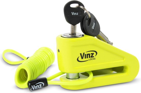 VINZ Baretti ART 4 Schijfremslot / Motorslot | Incl. Tasje & Reminderkabel | Goedgekeurd voor de verzekering van Motoren, Scooters, etc | 3 sleutels | Remschijfslot | Geel