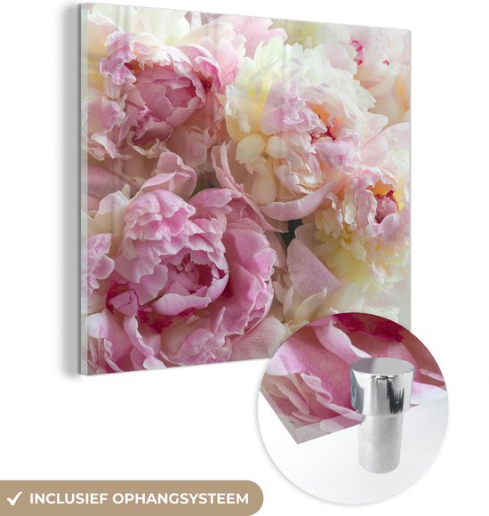MuchoWow® Glasschilderij 50x50 cm - Schilderij acrylglas - Vintage - Bloemen - Rozen - Natuur - Foto op glas - Muurdecoratie woonkamer - Wanddecoratie slaapkamer - Schilderijen