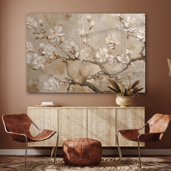 MuchoWow® Tableau sur verre 150x100 cm - Tableau sur verre acrylique - Fleurs - Moderne - Beige - Wit - Blossom - Photo sur verre - Décoration murale salon - Décoration murale chambre - Peintures