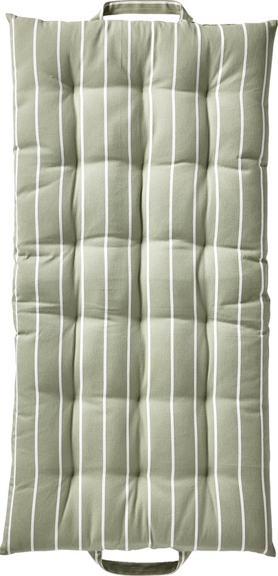 Lichtgroen matras met verticale witte strepen en handvatten.
