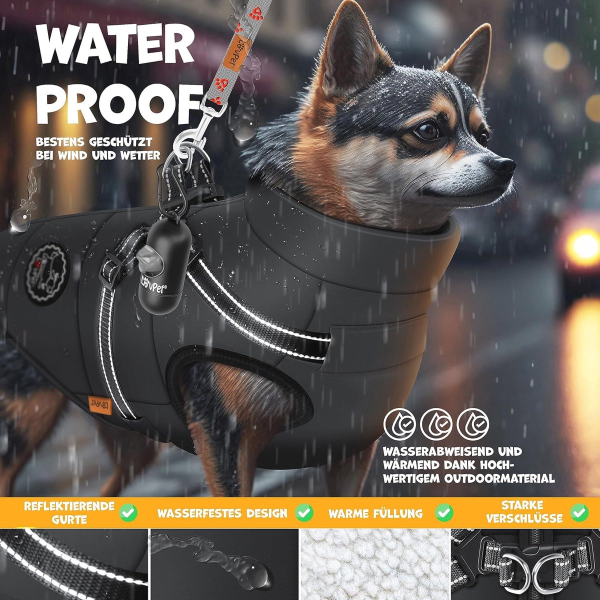 Waterdicht Hondenvest Met Reflecterende Strips En Ingebouwd Harnas - Warme Winterjas Voor Kleine En Middelgrote Honden