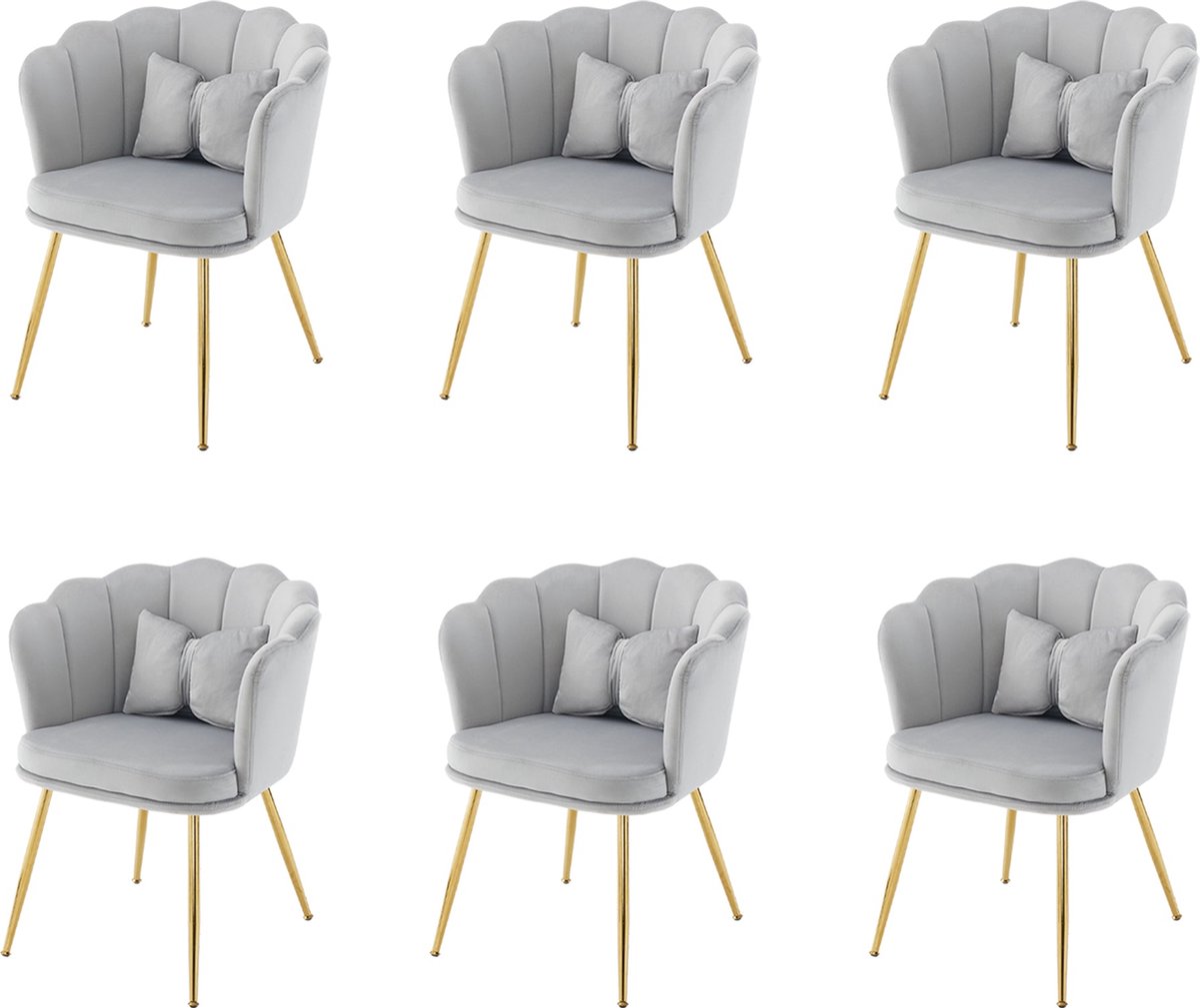 Merax Set van 6 Moderne Fluwelen Stoelen - Gestoffeerde Eetkamerstoelen met Bloemblaadjes-Rugleuning - Vergulde Metalen Poten en Vlinderkussens - Voor Woonkamer - Slaapkamer en Eetkamer