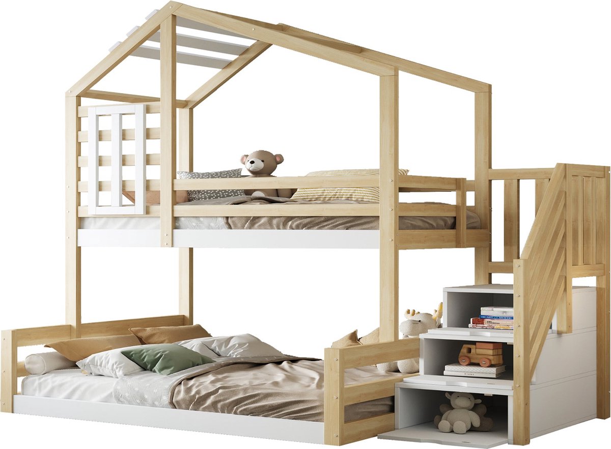 Merax Stapelbed 90x200 cm - Houten Bed met Raam - Huisvorm - Traptrede met Opbergruimte - 