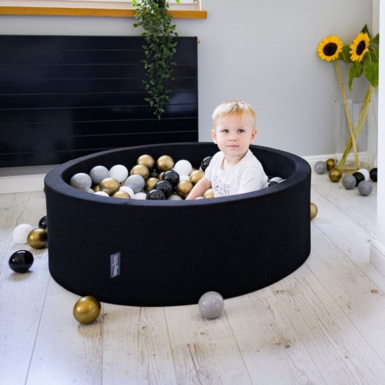 KiddyMoon piscine à balles 90x30cm/200 balles ∅ 7cm piscine à balles avec balles colorées pour bébés enfants ronde, gris foncé: blanc/gris/noir/or