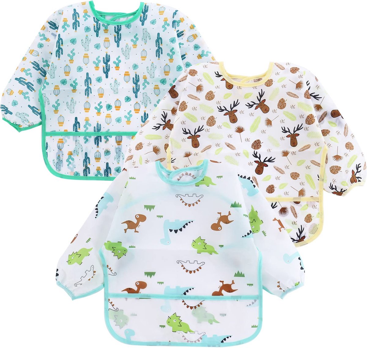 Goedkoopste JGS ® Waterafstotende Slabbetjes met Mouwen voor Baby's en Peuters, Gemakkelijk Afwasbaar, 6-24 Maanden, Set van 3