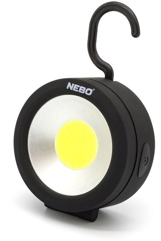 Zwarte Nebo werklamp met ronde lichtbron, een zilveren reflector en een zwarte ophanghaak.