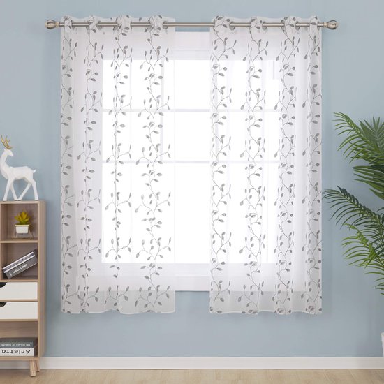 MIULEE 2 gordijnen, bruin, bladeren, geborduurd, gordijnen, mooie elegantie, oogjes, veer, voelen, vensterpanelen/draperie/behandeling voor slaapkamer, woonkamer, bladeren, wit, 140 x 260 cm (l x h