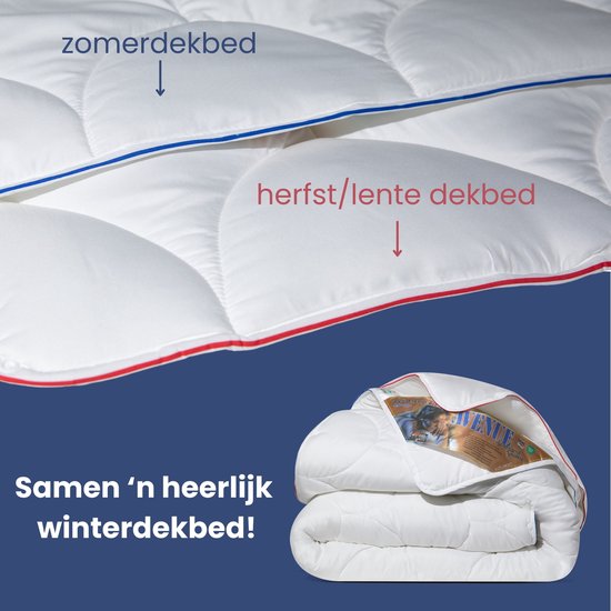 Bovenste deel: zomerdekbed, onderste deel: herfst/lente dekbed. Samen vormen ze een winterdekbed.