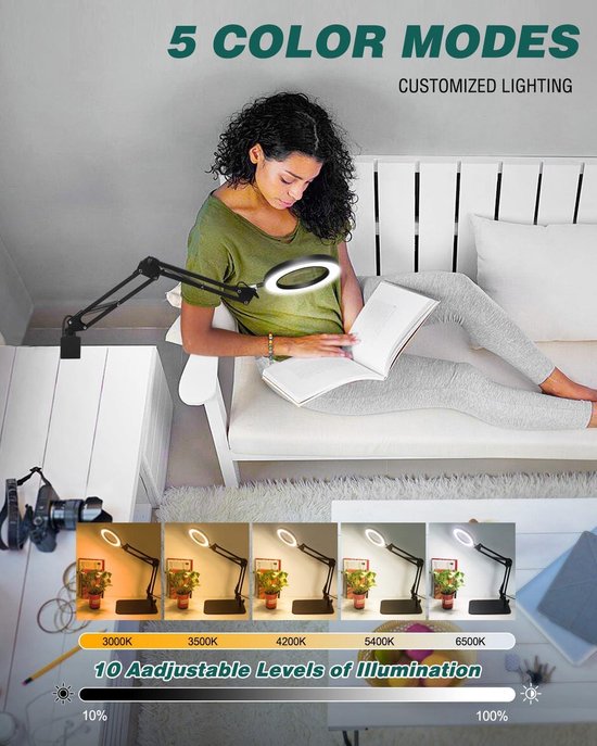JUOIFIP 10 x vergrootglas met licht en standaard, 3 kleurmodi, 10