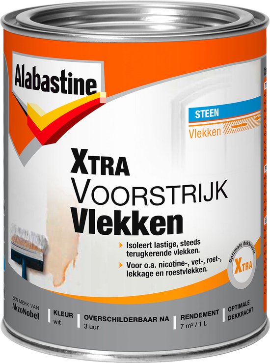 Alabastine Xtra Voorstrijk Vlekken, blik, witte kleur. Stopt vlekken, 3 uur droogtijd.