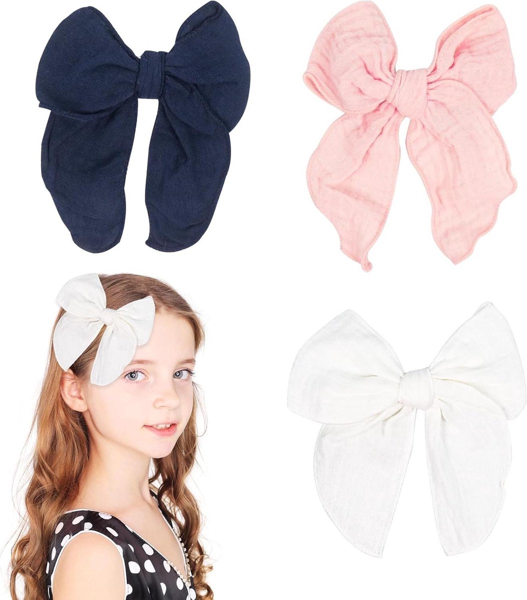 Image of 3 Pieces Black Cotton Hair Bow Clips for Girls - White Pink Dark Blue Bow Hairpins
