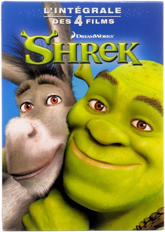 Shrek en Ezel, de hoofdpersonages uit de Shrek films, staan schouder aan schouder. Shrek is groen en Ezel is grijs.