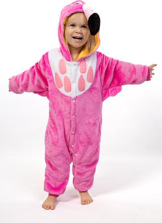 KIMU Onesie Flamingo Pak - Maat 152-158 - Flamingopak Kostuum Roze Vogel - Vogelpak Kinderen Jumpsuit Pyjama Zacht Huispak Meisje Jongen Carnaval Carnavalspak