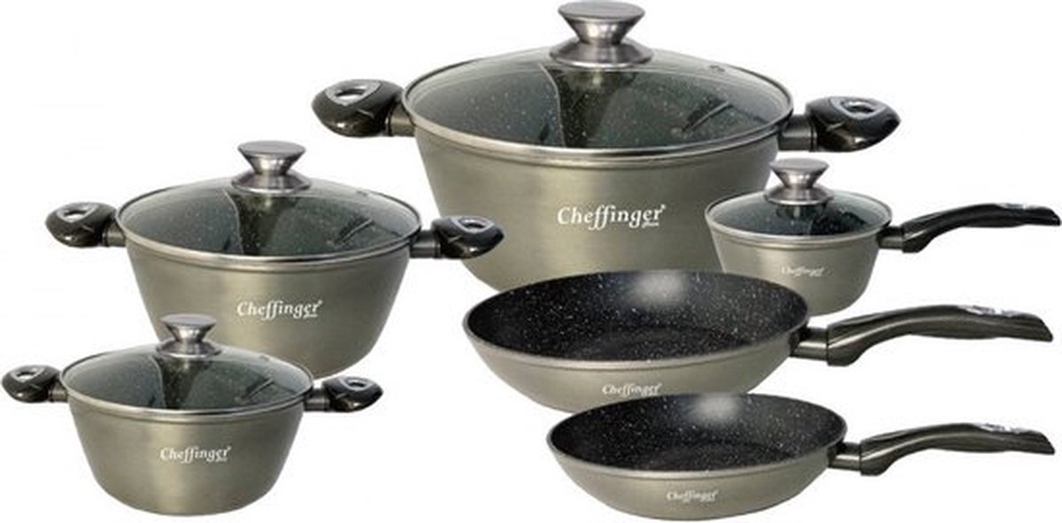 Cheffinger Cf-Fa1010: 10-Delige Marmeren Gecoate Pannenset Grijs