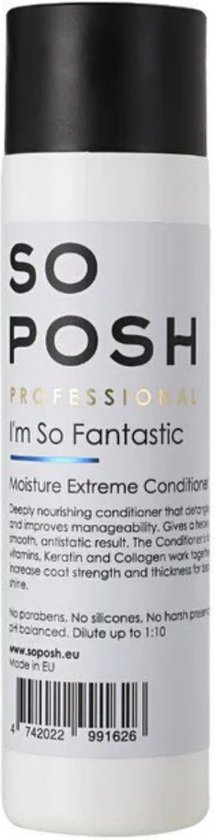 Witte fles met zwarte dop. "SO POSH PROFESSIONAL" "I'm So Fantastic" Moisture Extreme Conditioner.