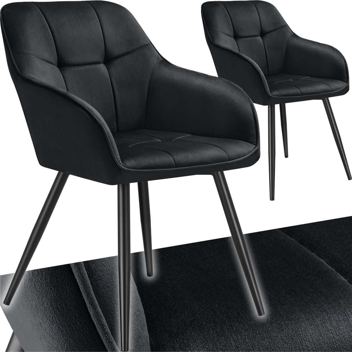 Tectake Eetkamerstoelen Marilyn - Set van 2 - Gestoffeerde Stoel in Fluweellook - Stikpatroon - Zwarte Stoelpoten - Ergonomische Keukenstoel - Doorlopende Rugleuning en Armleuningen - Stoel voor Woonkamer, Eetkamer, Slaapkamer - Zwart
