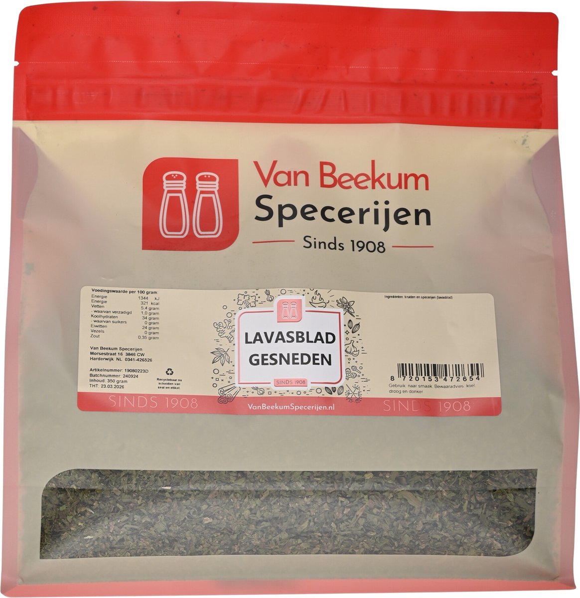 Goedkoopste Van Beekum Specerijen - Lavasblad Gesneden - 350 Gram (hersluitbare stazak