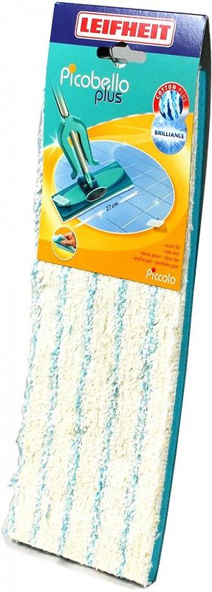 Verpakking van Leifheit Picobello S dweildoek met wit en turquoise strepen.