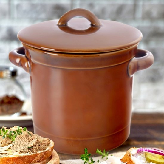 KOTARBAU® Steengoedpan, 5 liter, fermentatiepot, zuurkoolpot, komkommerpan, inmaakpot van aardewerk met deksel, keramisch vat, aardewerk houder, kleipot, bruin