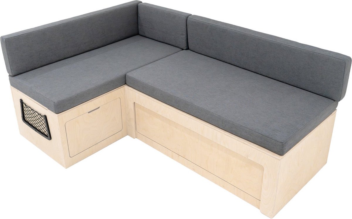 L-vormige slaapbank camper, 180x120cm, opbergruimtes en netten, uitschuifbaar ontwerp