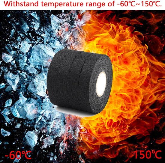 Weefseltape, zwart, 4 stuks, kabelboomtape, 2 maten, isolatietape, zwart, textielplakband, zelfklevend, voor kabelbomen, huishouden, auto, motorfiets (19 mm x 15 m/15 mm x 15 m