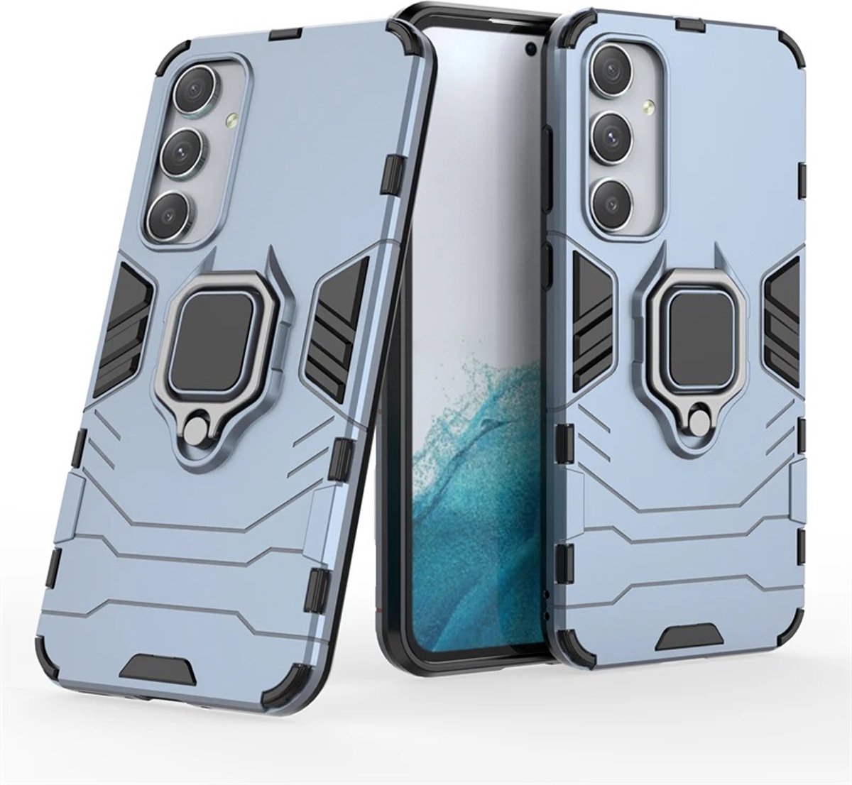 MobyDefend Hoesje - Geschikt voor Samsung Galaxy A35 - Dubbelgelaagde Pantsercase Met Standaard - Blauw