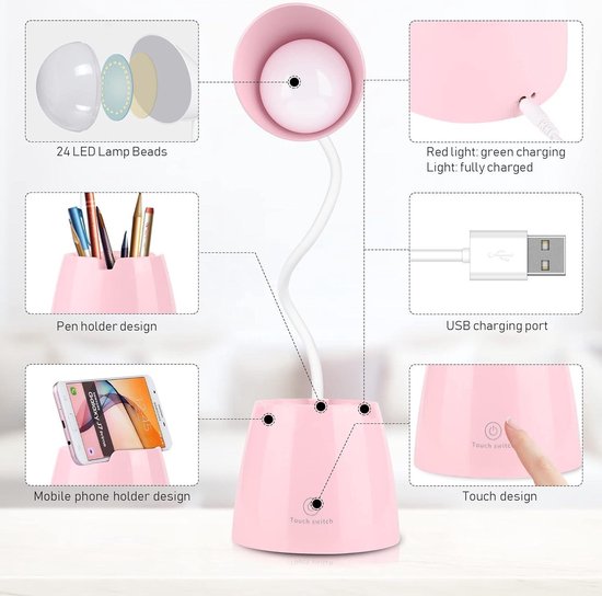 Mrs. Jones Bureaulamp voor kinderen dimbare 24 leds oogvriendelijke tafellamp 3 helderheidsniveaus USB-oplaadbaar touch-schakelaar voor lezen studeren werken - roze . van Mrs. Jones — afbeelding 5