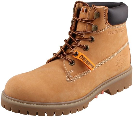 Botte lacée en cuir marron Dockers by Gerli avec étiquette orange et coutures blanches.
