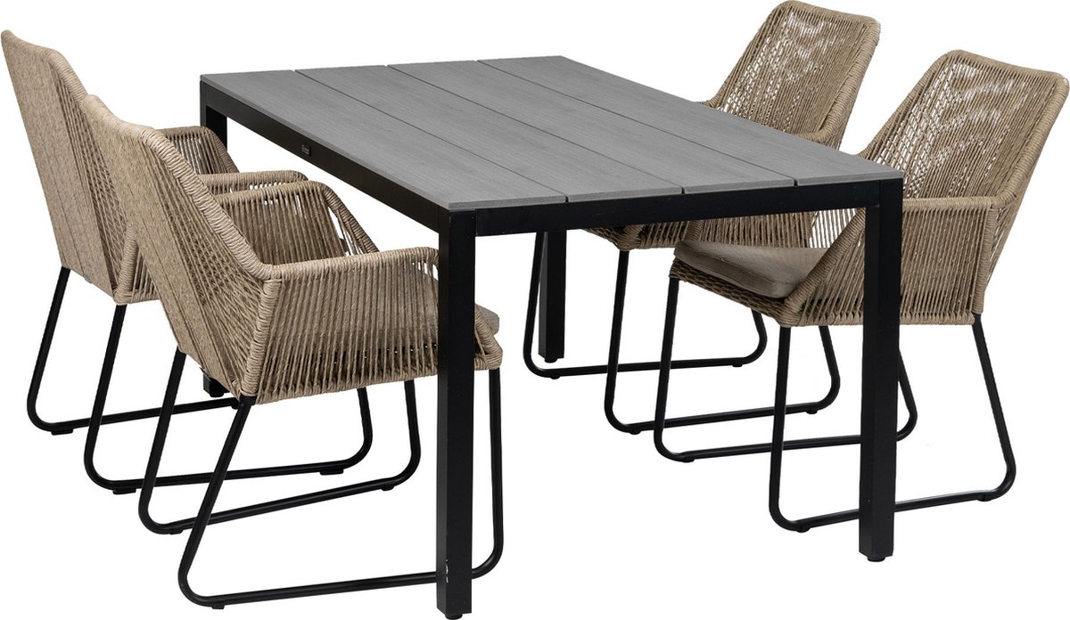 5-delige tuinset met 4 Mona tuinstoelen in zandkleur en 160cm Cyprus tuintafel in grijs.